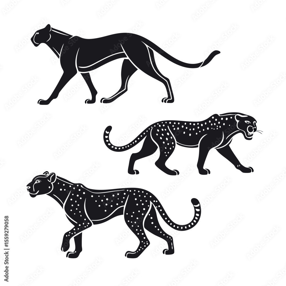 Fototapeta premium Elegant Big Cats Silhouette Illustrations of Leopard, Cheetah, and Cougar