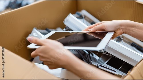 Woman holding used digital tablet. Volunteer collect old computers, smartphones, electronic devices to cardboard box. Donation, charity, e-waste, electronic gadgets for reuse, refurbish, recycling