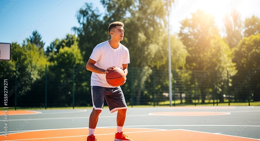 Obraz premium A young man in a white shirt dribbling a basketball on an outdoor court on a sunny day with trees behind