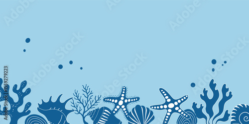 Seaweed, corals, shells banner, poster, background, card. Underwaterlife design.
