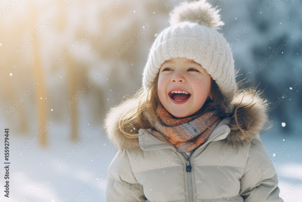 Little girl enjoying snowfall in a beautiful winter forest, wearing warm winter clothes Little girl enjoying snowfall in a beautiful winter forest, wearing warm winter clothes