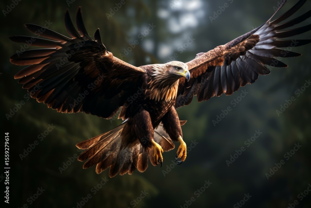 Fototapeta premium Golden eagle flying in the forest, showing its powerful wings and talons