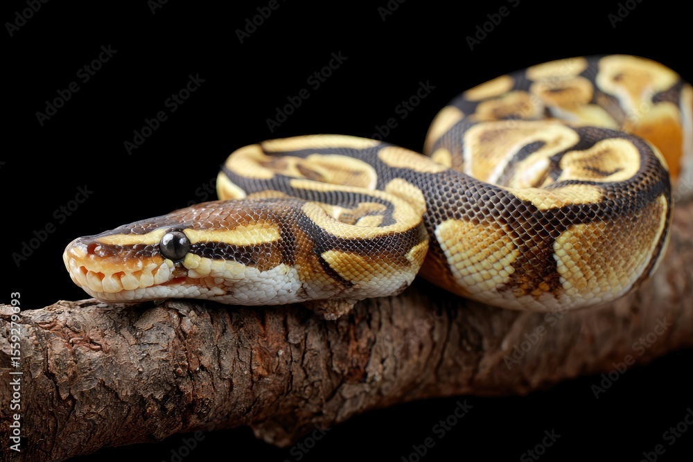 Obraz premium A ball python with brown and yellow markings coils on a rough textured branch against a black backdrop