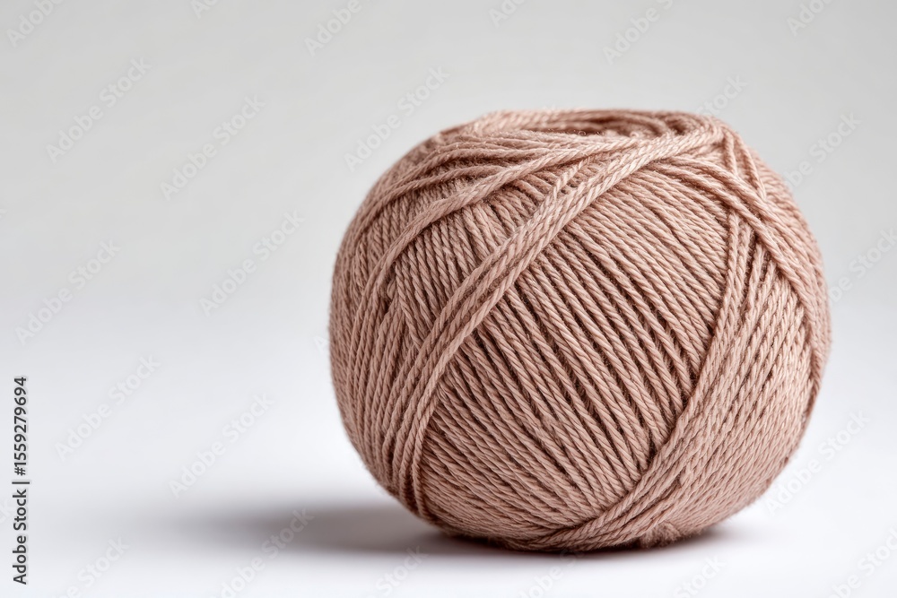 A beige ball of yarn sits on a white surface casting a subtle shadow A beige ball of yarn sits on a white surface casting a subtle shadow