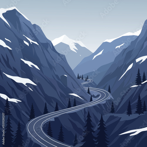 Mountain winding road through snow capped peaks and pine forest vector landscape design illustration