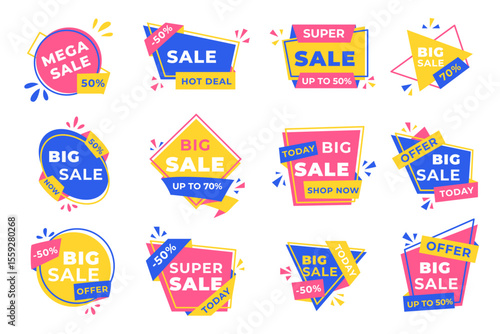 Collection of 12 colorful geometric sale banners with text l and various discount percentages