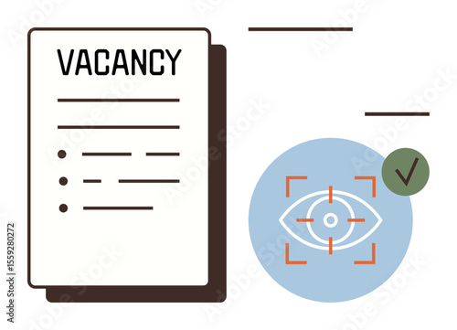 Job listing document paired with eye recognition scan and approval mark. Ideal for recruitment, hiring, HR management, job applications, candidate screening, company policies, workforce targeting