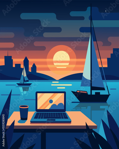 The calm waters of the harbor reflect the glow of a laptop screen as a freelancer works late into the evening aboard their sailboat.. Vector illustration
