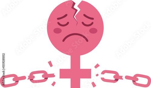 Broken female gender symbol with sad face and broken chains representing women empowerment and freedom concept vector illustration