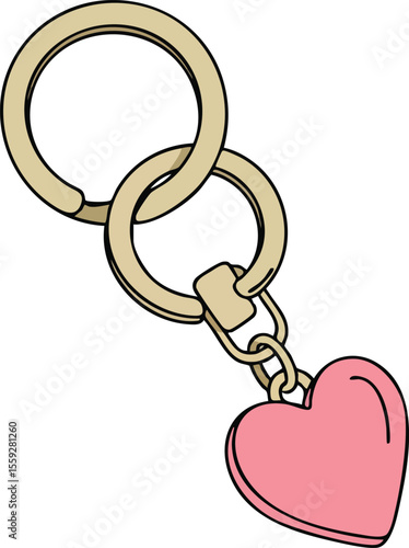 Heart shaped pink keychain with golden rings simple vector illustration for gift or decoration design