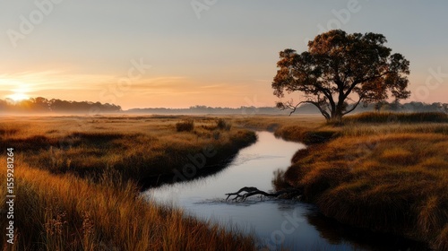 Wallpaper Mural Pastel Sunrise Over Tranquil Field, soft pink and gold hues illuminating a serene landscape at dawn, evoking peace and calmness. Torontodigital.ca