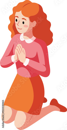 Red haired woman kneeling with hands clasped in prayer or contemplation vector illustration