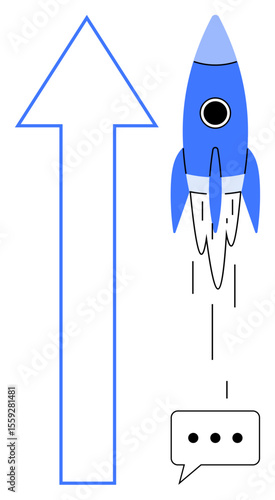 Upward blue arrow, blue rocket liftoff with trail, and speech bubble highlight innovation, success, business growth, startup potential, communication, goal achievement entrepreneurship. Simple flat