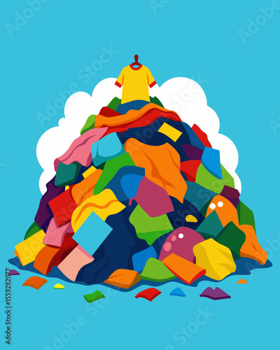 A landfill overflows with brightly colored tshirts and jeans evidence of the short lifespan of cheaply made clothing.. Vector illustration