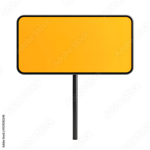 A blank orange rectangular sign with rounded corners mounted on a metal pole isolated on transparent background