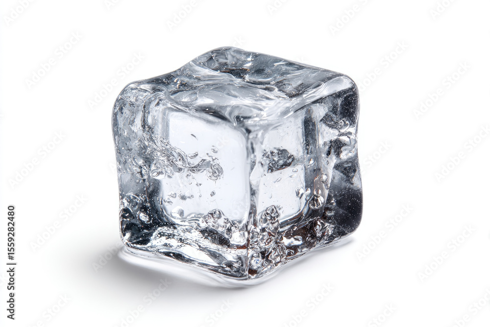Obraz premium A single transparent ice cube sits on a white surface casting a soft shadow