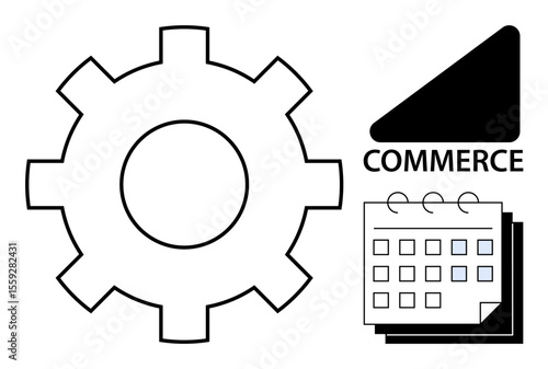Large gear indicates process or automation, calendar suggests planning or timeline, and commerce block implies trade or market. Ideal for business management, workflow, planning, e-commerce