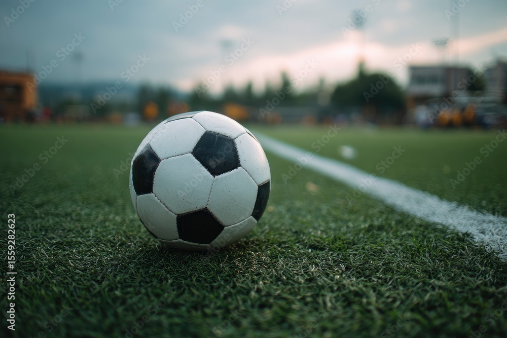 Obraz premium A soccer ball rests on a green field with a white line background blurred