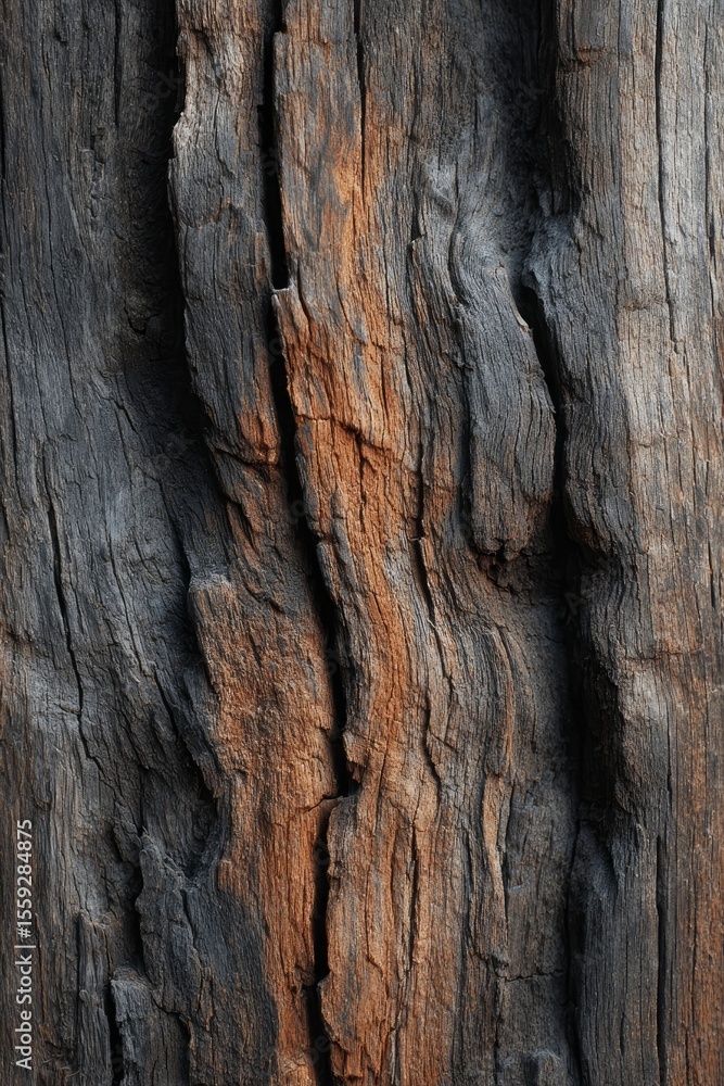 Closeup of aged tree bark reveals deep irregular fissures and varied grey and brown tones Closeup of aged tree bark reveals deep irregular fissures and varied grey and brown tones