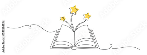 Opened book with flying page and stars in one continuous line drawing. Magic of reading and children library concept in simple linear style. Editable stroke. Doodle hand drawn vector illustration