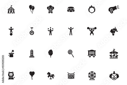 Circus and carnival glyph icon set. Entertainment and funfair symbols