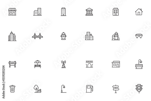 City and urban life thin line icon set. Symbols for buildings, real estate, and cityscape
