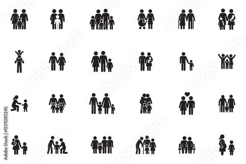 Family and people glyph icon set. Symbols for parents, children, couples, and relationships