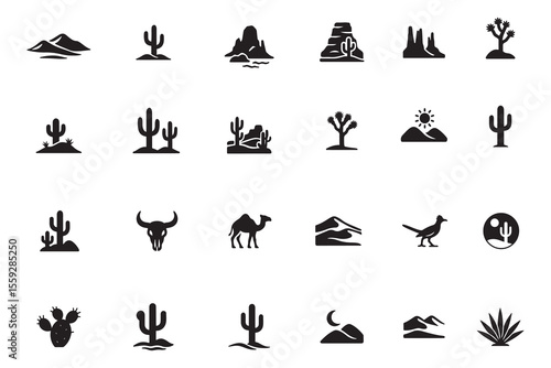 Desert and Western glyph icon set. Cactus, landscape, and wild animal symbols