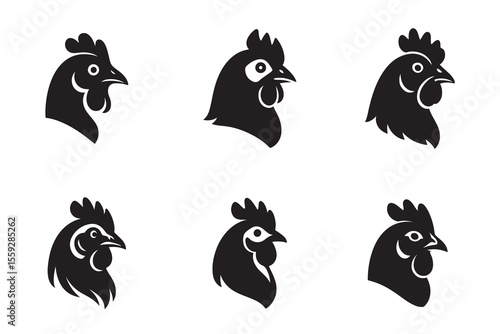 Rooster and chicken head silhouette set. Poultry farm logo and icon collection
