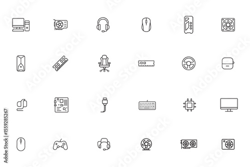 Gaming and computer hardware thin line icon set. Symbols for PC components and gamer peripherals