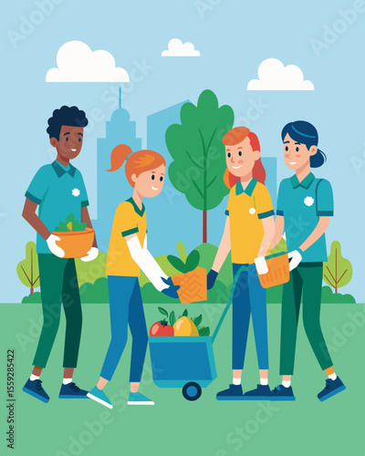A high school club organizing a lawn maintenance service with all proceeds being used to purchase fresh produce for donation to a nearby homeless shelter.. Vector illustration
