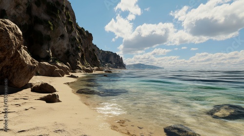 Wallpaper Mural Serene beach with towering cliffs, gentle waves lapping at the shore, vibrant skies reflecting tranquility and nature's beauty. Torontodigital.ca