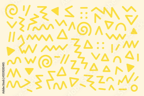 Memphis style retro 80s pattern with abstract hand-drawn yellow geometric shapes