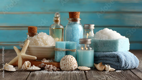 Natural Wooden Background with Spa Supplies