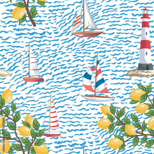 Sailboat, lighthouse, lemon branch, sea wave seamless pattern. Summer marine wallpaper.