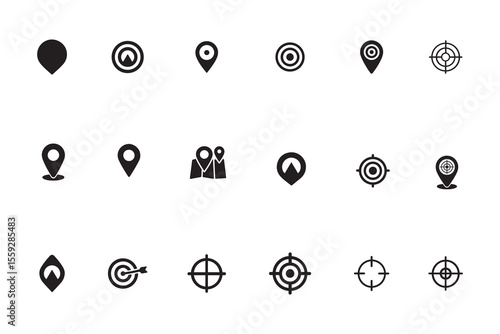 Map pin and target glyph icon set. Location marker, GPS pointer, and destination symbols for navigation