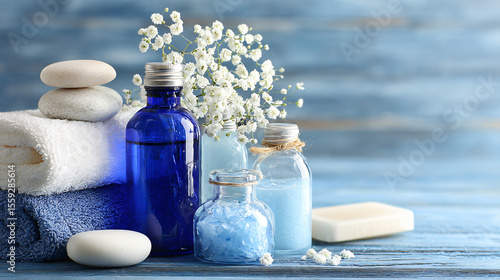 Relaxing Spa Products on Wooden Surface