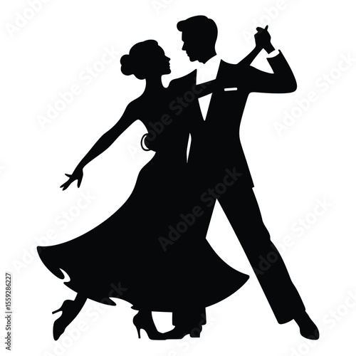Elegant Silhouette of a Couple Dancing the Ballroom. A sophisticated black and white silhouette of a man and woman dancing a ballroom dance.