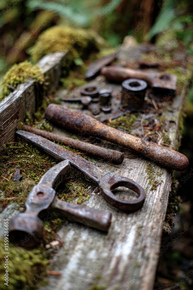 Rusted metal tools on mossy wooden surface including a hammer rods and various metal pieces Rusted metal tools on mossy wooden surface including a hammer rods and various metal pieces