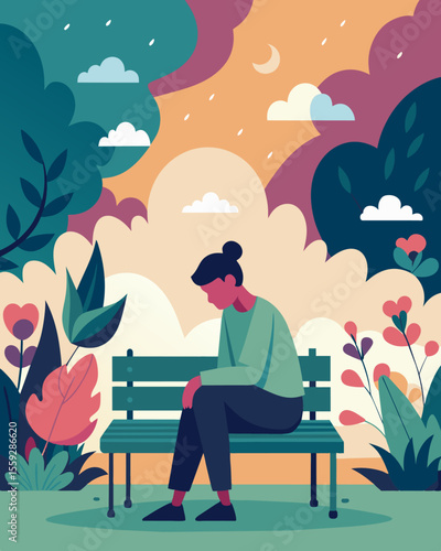 Amidst a beautiful garden a person sits alone on a bench unable to fully appreciate the beauty around them due to a barricade of negative selftalk and doubt.. Vector illustration