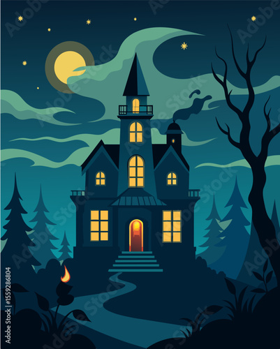 Despite the stillness of the night the gaslight continued to flicker as if in response to the restless spirits that haunted the old mansion.. Vector illustration