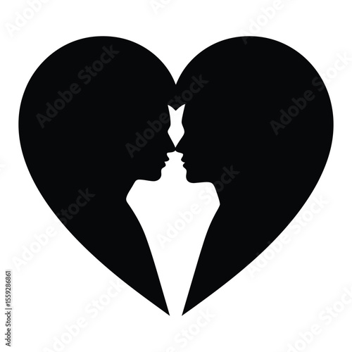Silhouette of a loving couple within a heart shape. A simple, elegant silhouette of a man and a woman facing each other, positioned within a heart shape.