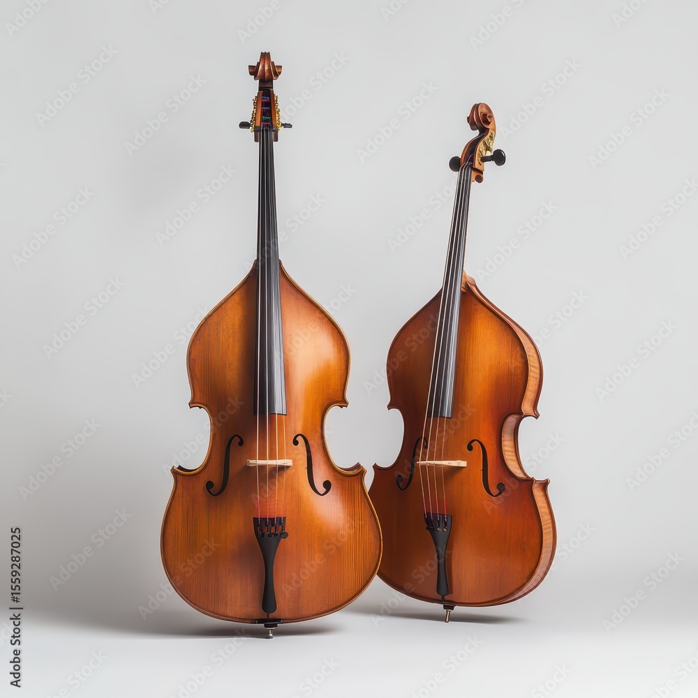 Wooden basses on neutral display Wooden basses on neutral display