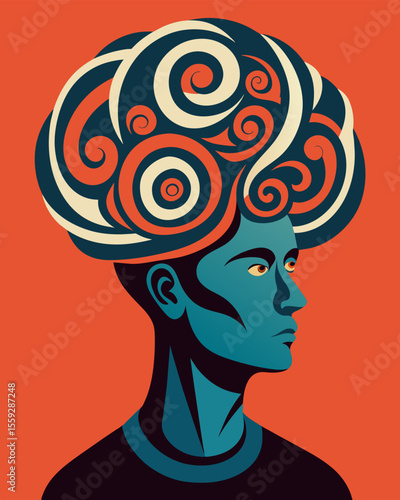 The swirling patterns within the figures head serve as a constant reminder of their past brainwashed state.. Vector illustration