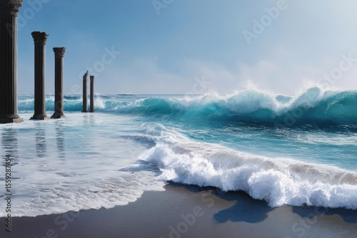 Waves Crash Against Ancient Columns Under Clear Blue Sky by the Beach