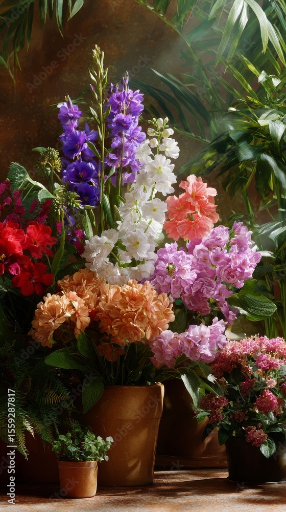 Vibrant Flowers in Colorful Pots Displayed at a Garden Center During Springtime Afternoon Vibrant Flowers in Colorful Pots Displayed at a Garden Center During Springtime Afternoon