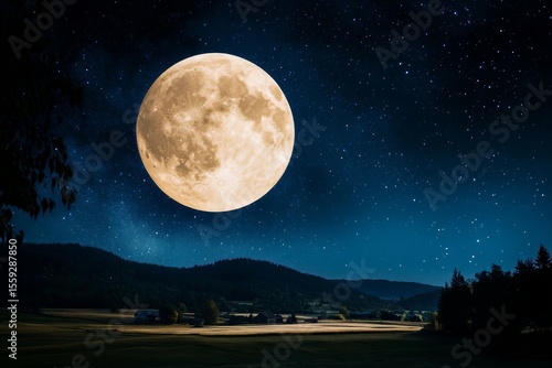 Full Moon Illuminates a Serene Countryside Landscape Under a Starry Night Sky