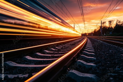Streaks of Light Illuminate Train Tracks at Sunset in a Vibrant Urban Landscape