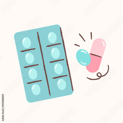 Pill packs and capsules. Cute medicine illustrations.