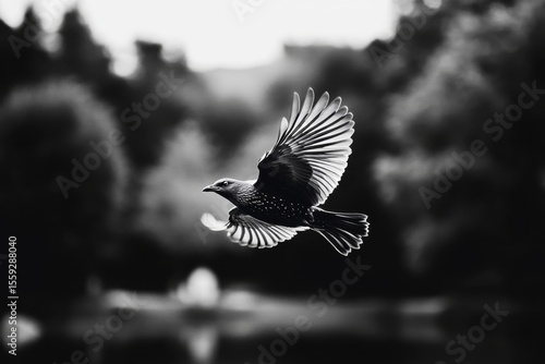Bird in Flight Over a Serene Water Body During Early Morning Light
